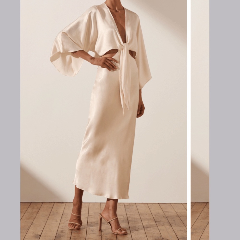 Shona Joy LA LUNE TIE FRONT BIAS MIDI DRESS -CREAM